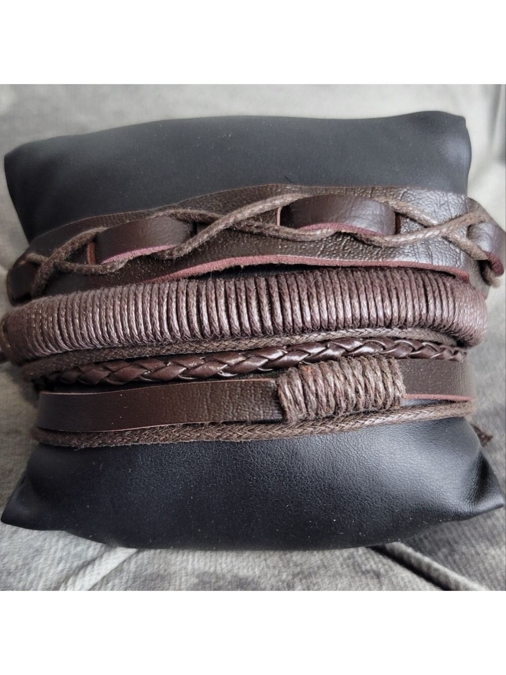 Chocolate Brown Faux Leather Men’s Bracelet Set | 3-Piece Braided & Woven Stack - Picture 4 of 5